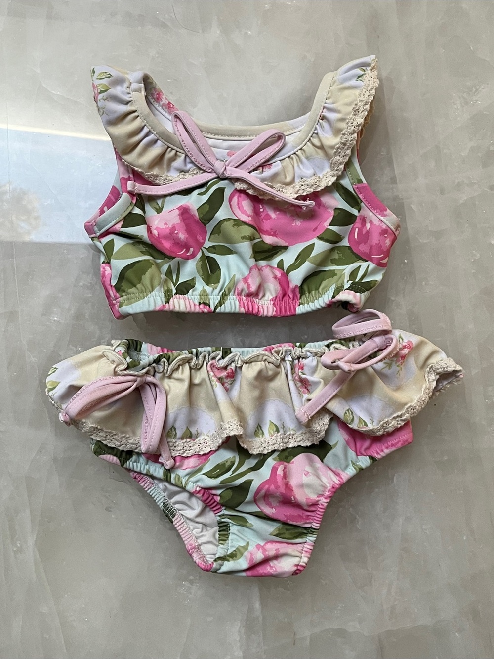 SweetHoney Pink and Green Floral Ruffle Two-Piece Swim Set